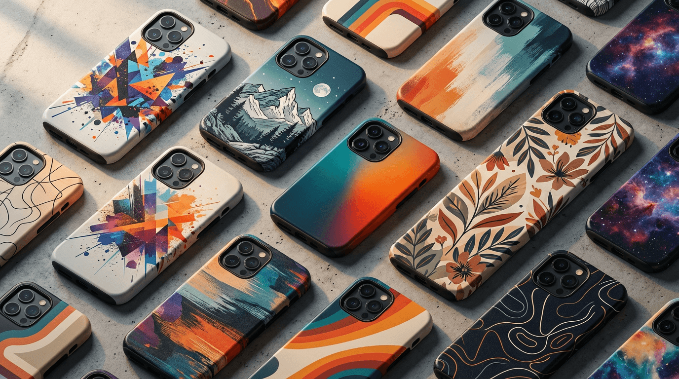 Collection of custom printed iPhone cases for different models showing personalized designs