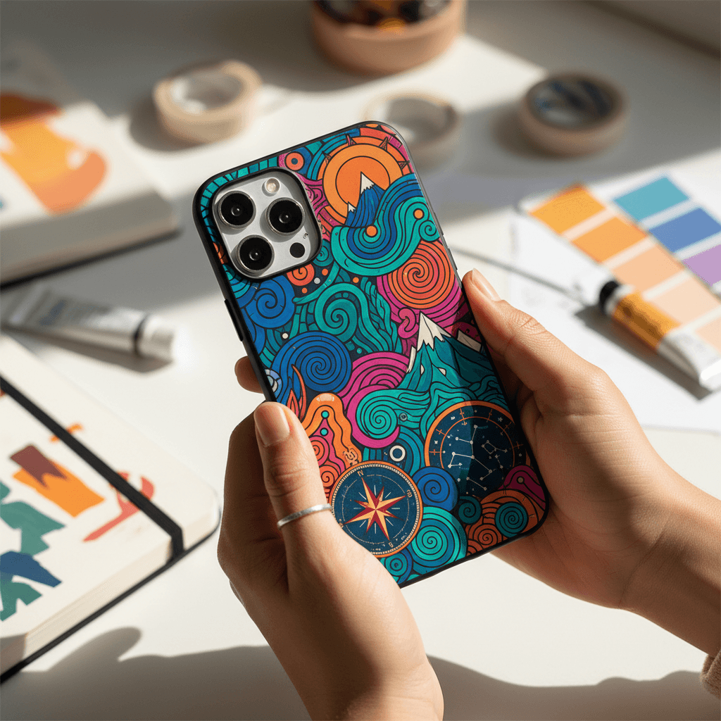Custom printed iPhone case displaying a modern design aesthetic