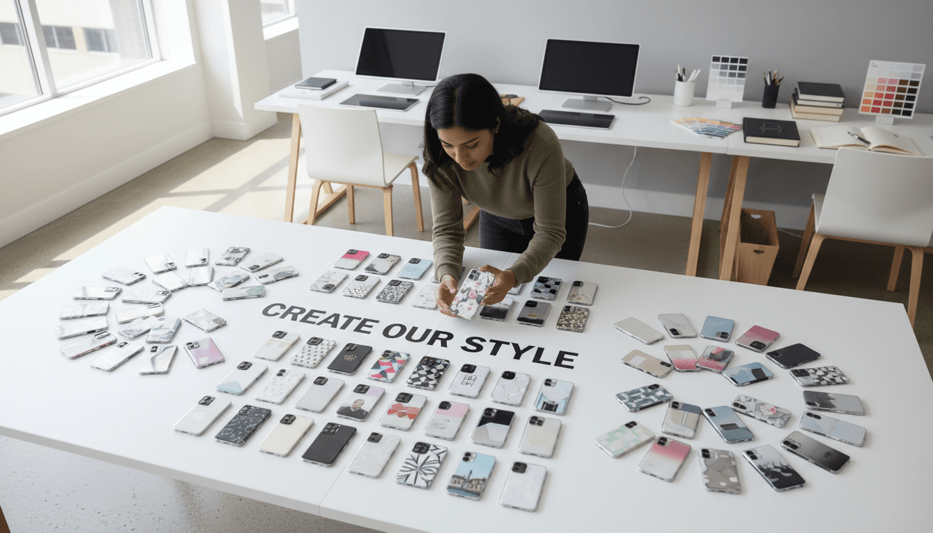 Custom printed iPhone cases displayed on a clean modern workspace desk